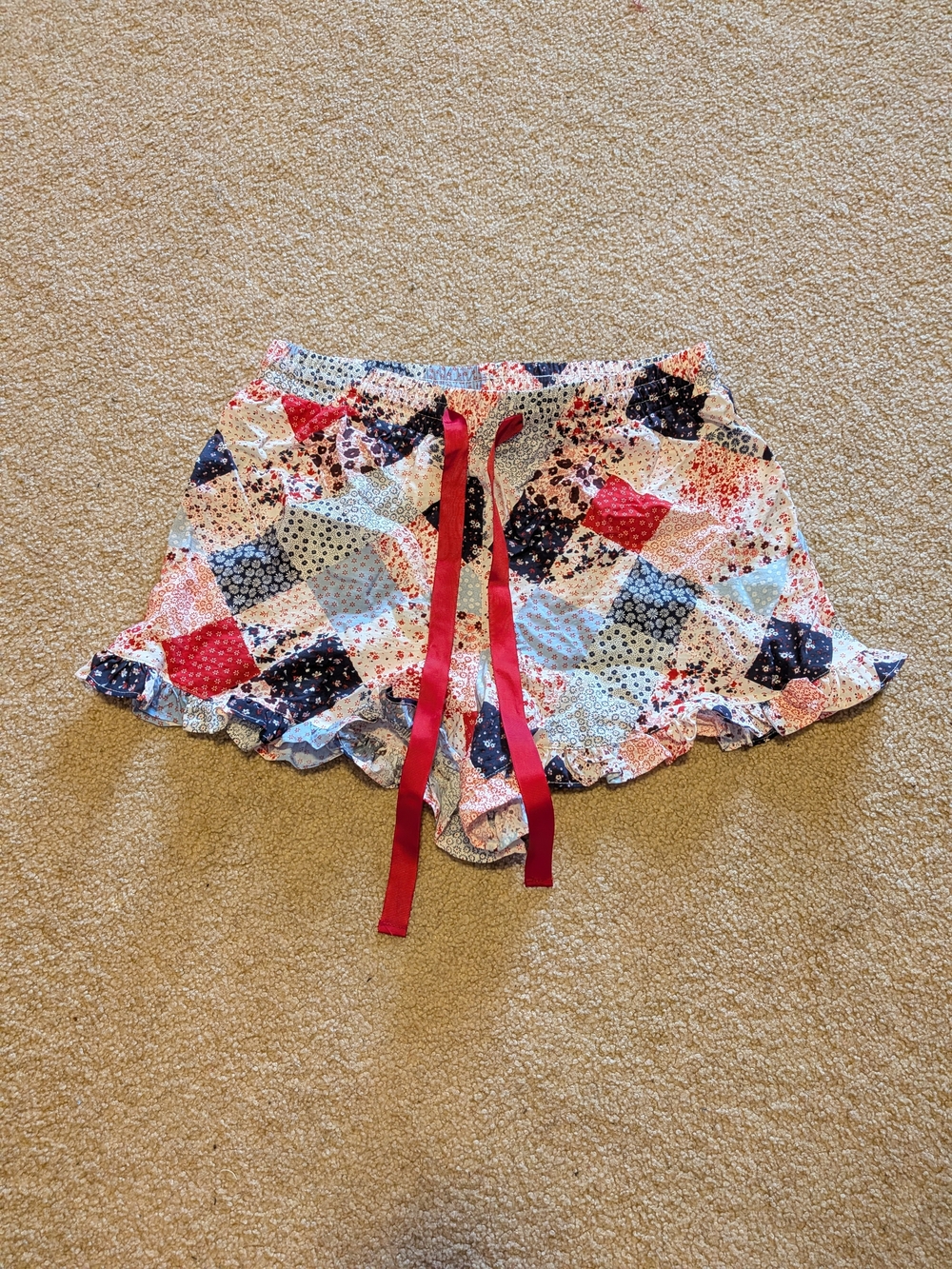 Patchwork Print Ruffle Hem Shorts with Red Drawstring